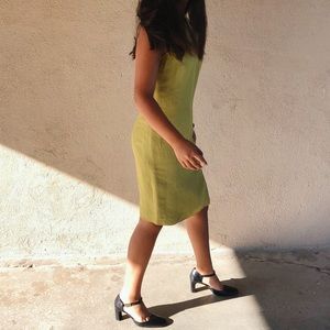 90s sleek moss/olive linen dress by Ann Taylor